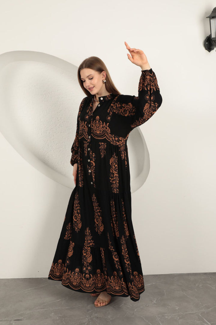 KKT Viscose Fabric Ethnic Pattern Women's Dress-Black - Longmont