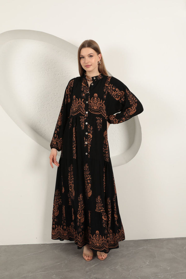 KKT Viscose Fabric Ethnic Pattern Women's Dress-Black - Longmont