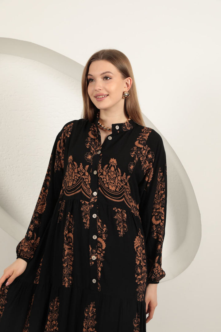 KKT Viscose Fabric Ethnic Pattern Women's Dress-Black - Longmont