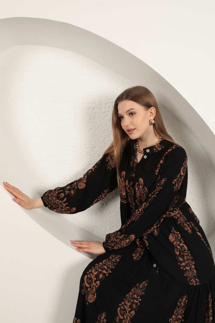 KKT Viscose Fabric Ethnic Pattern Women's Dress-Black - Longmont