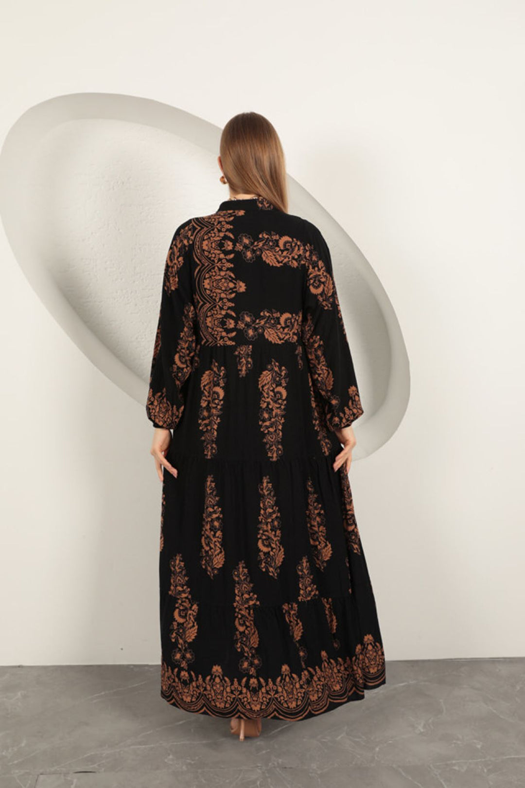 KKT Viscose Fabric Ethnic Pattern Women's Dress-Black - Longmont