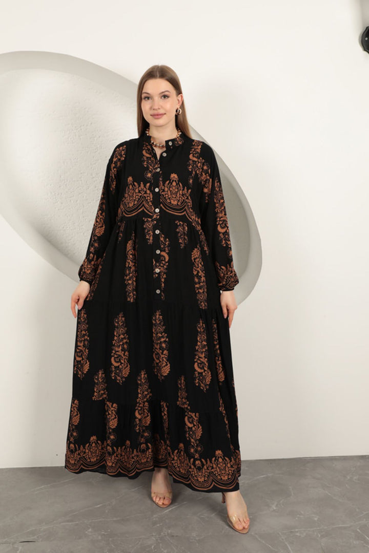 KKT Viscose Fabric Ethnic Pattern Women's Dress-Black - Longmont