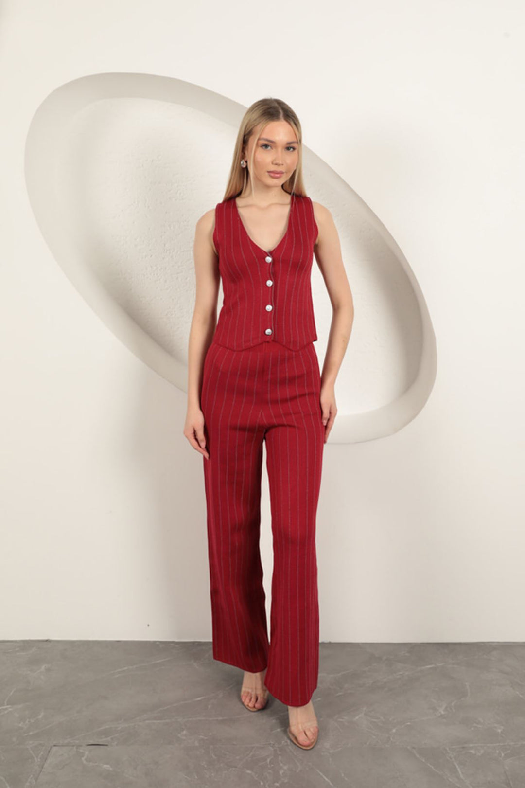 KKT Claret Red/Grey Women's Suit with Knitted Fabric Vest - Tipton