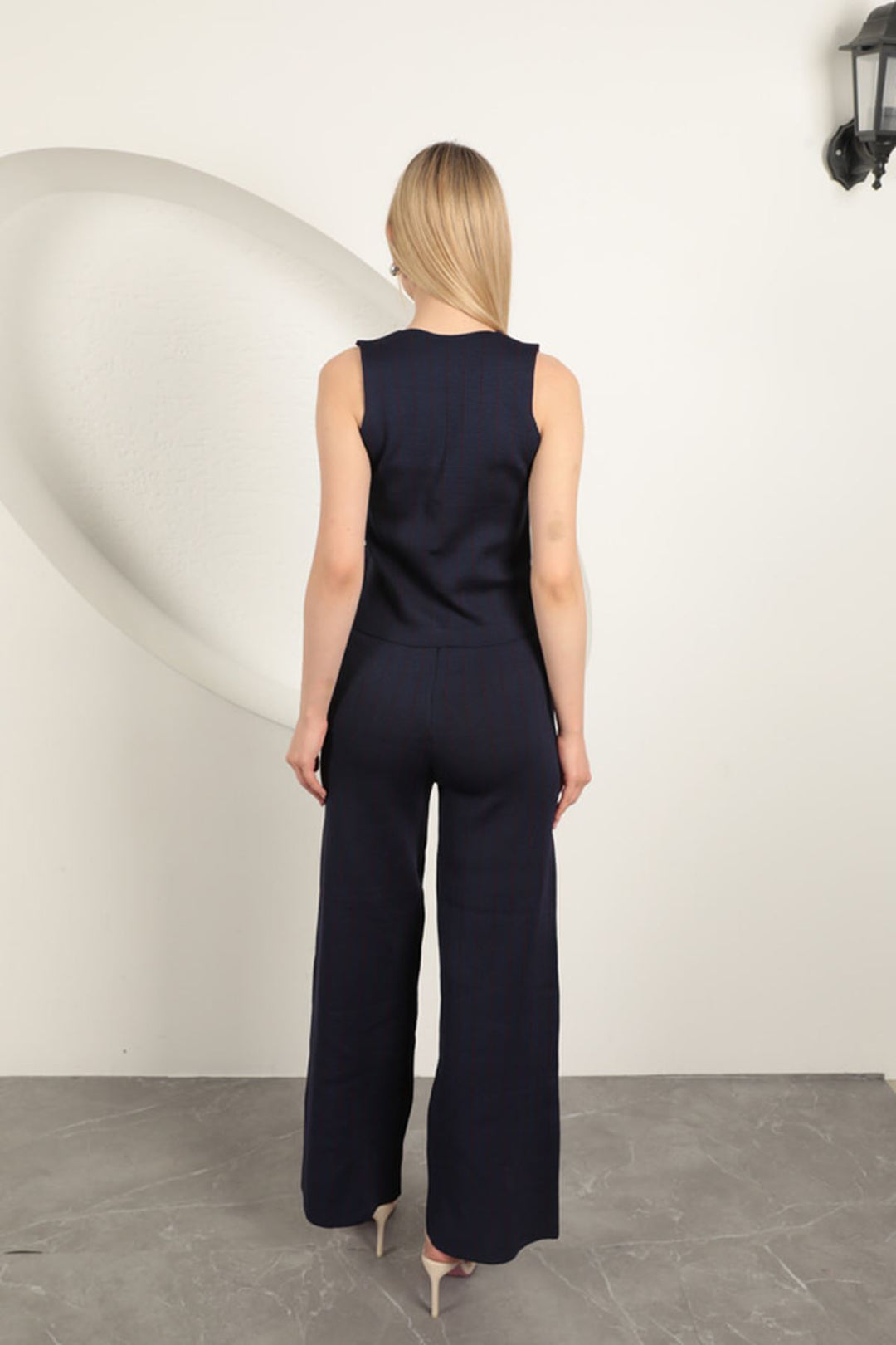 KKT Knitted Fabric Vest Women's Suit-Navy Blue/Burgundy - Colonie