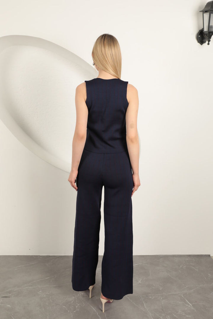 KKT Knitted Fabric Vest Women's Suit-Navy Blue/Burgundy - Colonie