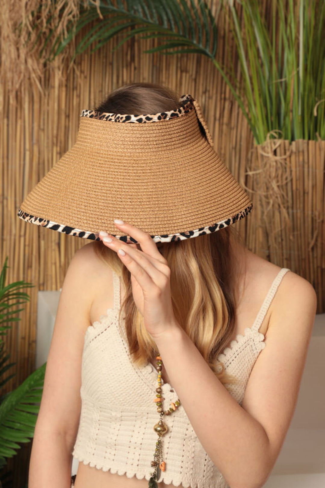 KKT Straw Leopard Detailed Visor Hat-Camel - Abertawe