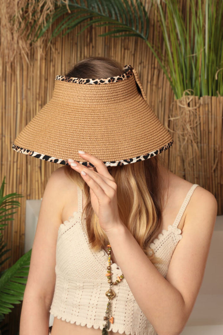 KKT Straw Leopard Detailed Visor Hat-Camel - Abertawe