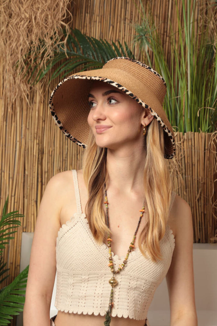 KKT Straw Leopard Detailed Visor Hat-Camel - Abertawe