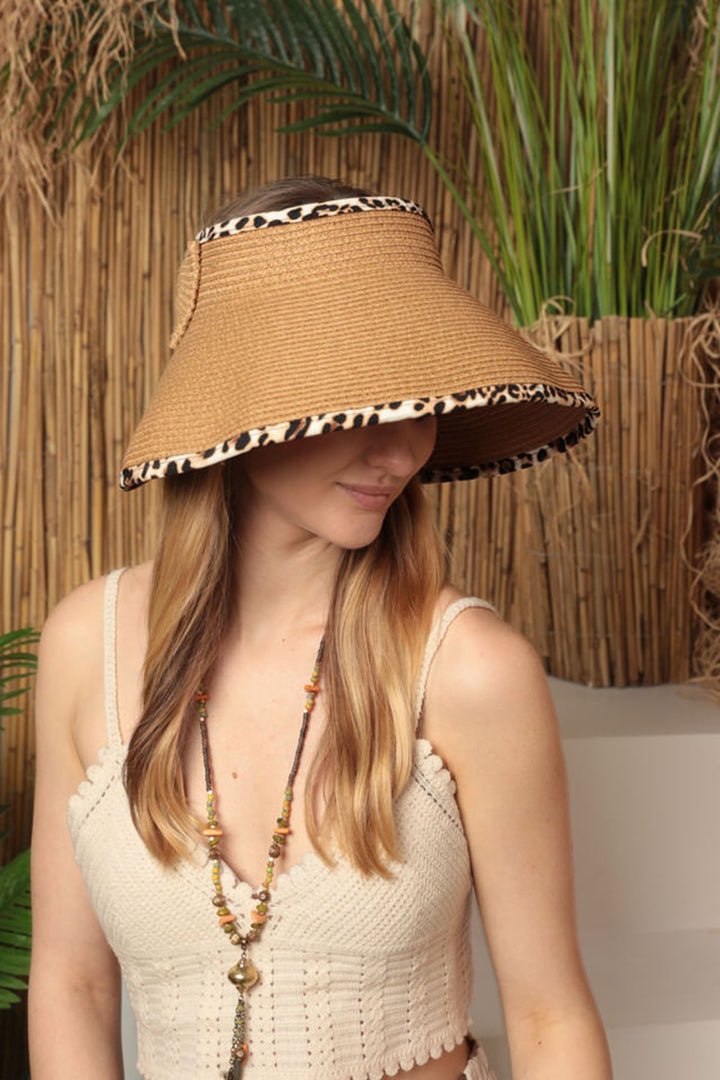 KKT Straw Leopard Detailed Visor Hat-Camel - Abertawe