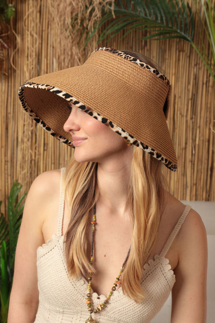 KKT Straw Leopard Detailed Visor Hat-Camel - Abertawe