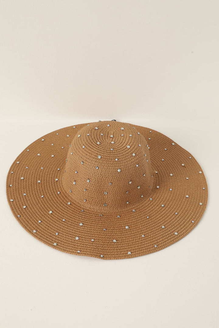 KKT Women's Wide Straw Hat with Stones-Camel - Conegliano