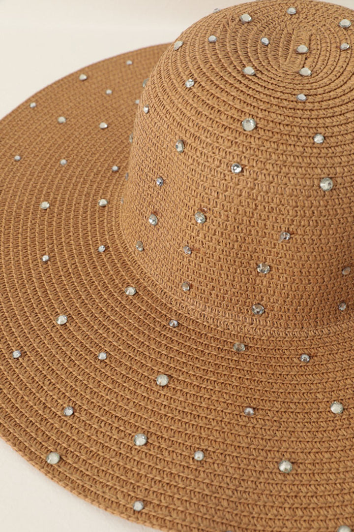 KKT Women's Wide Straw Hat with Stones-Camel - Conegliano