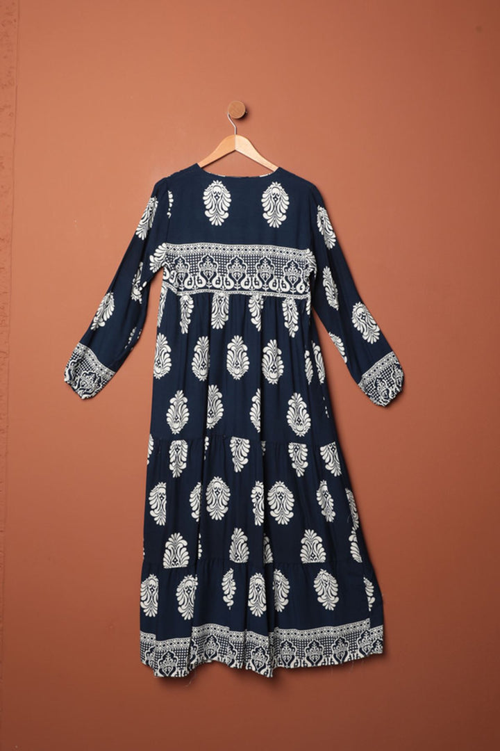 KKT Viscose Fabric Ethnic Dress-Navy Blue - Zacatepec