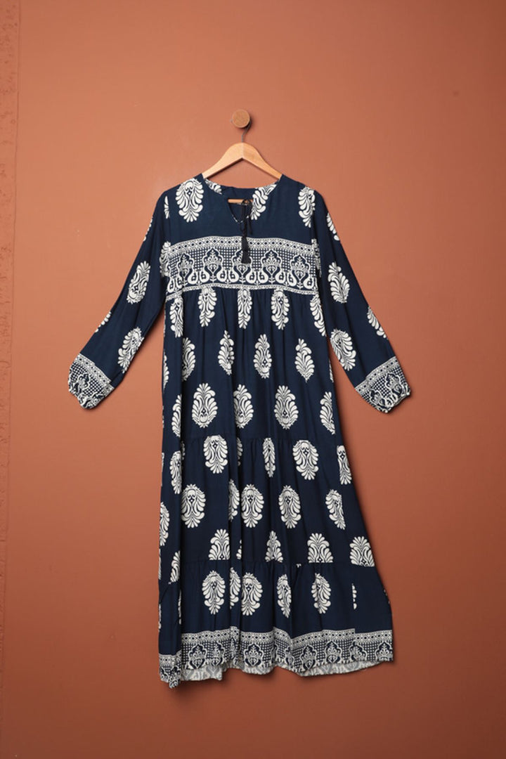 KKT Viscose Fabric Ethnic Dress-Navy Blue - Zacatepec