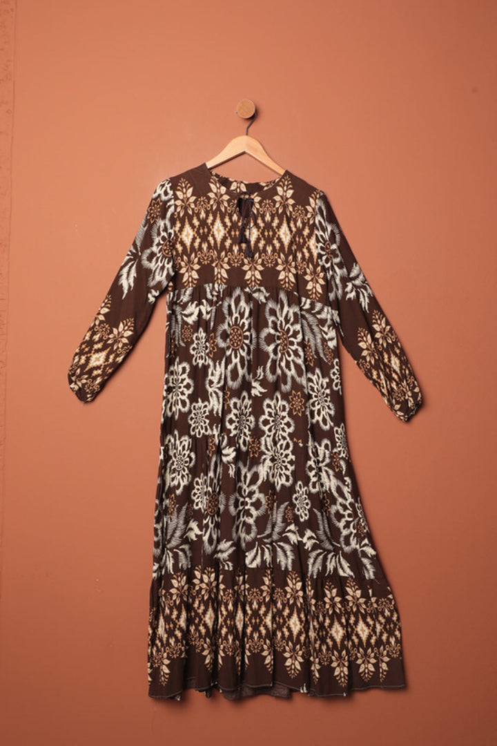 KKT Viscose Fabric Patterned Dress-Coffee - Acaxochitlán