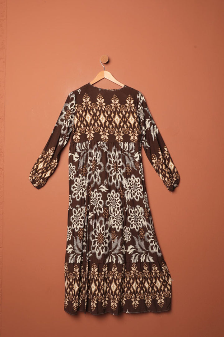 KKT Viscose Fabric Patterned Dress-Coffee - Acaxochitlán