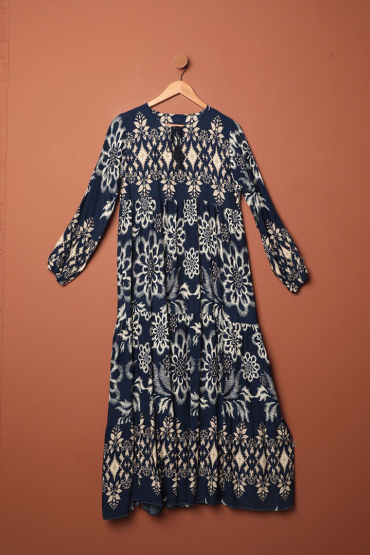 KKT Viscose Fabric Patterned Dress-Navy Blue - Thérmi