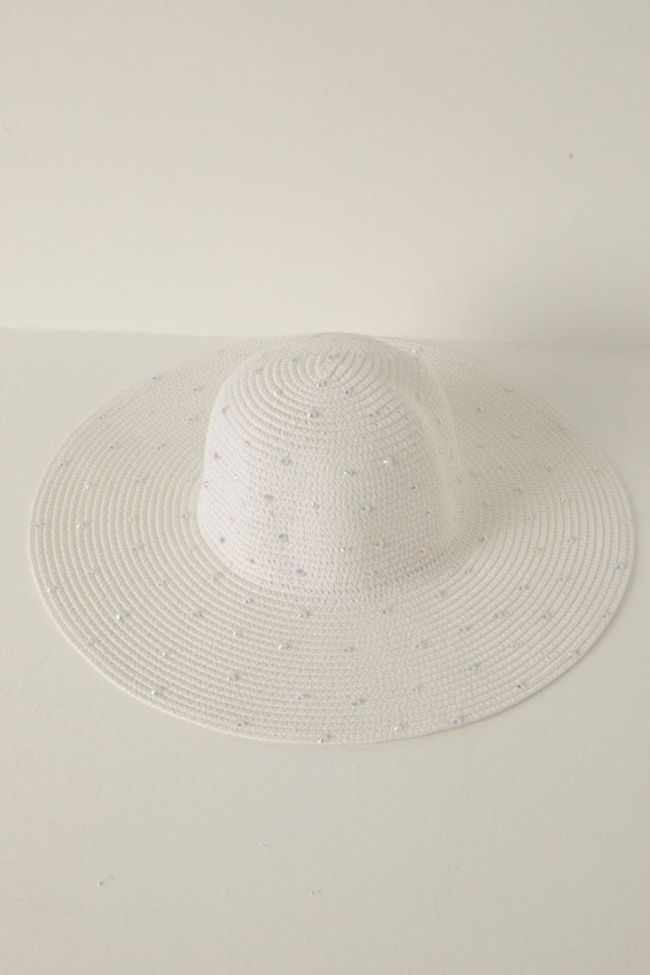 KKT Women's Wide Straw Hat with Stones-White - Mafra
