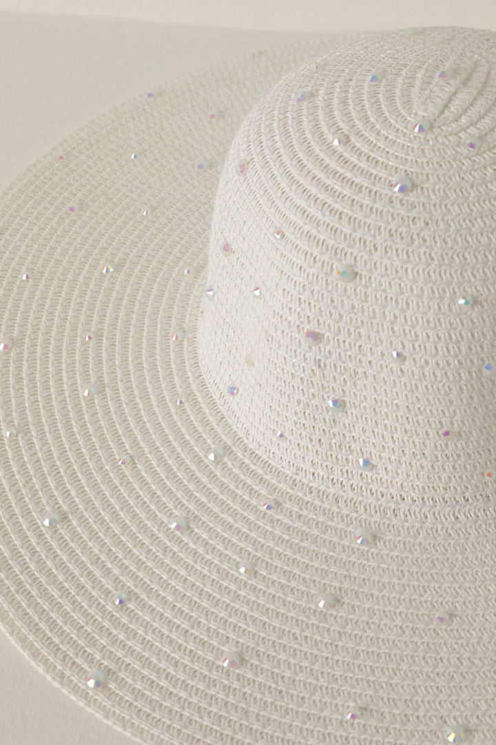 KKT Women's Wide Straw Hat with Stones-White - Mafra