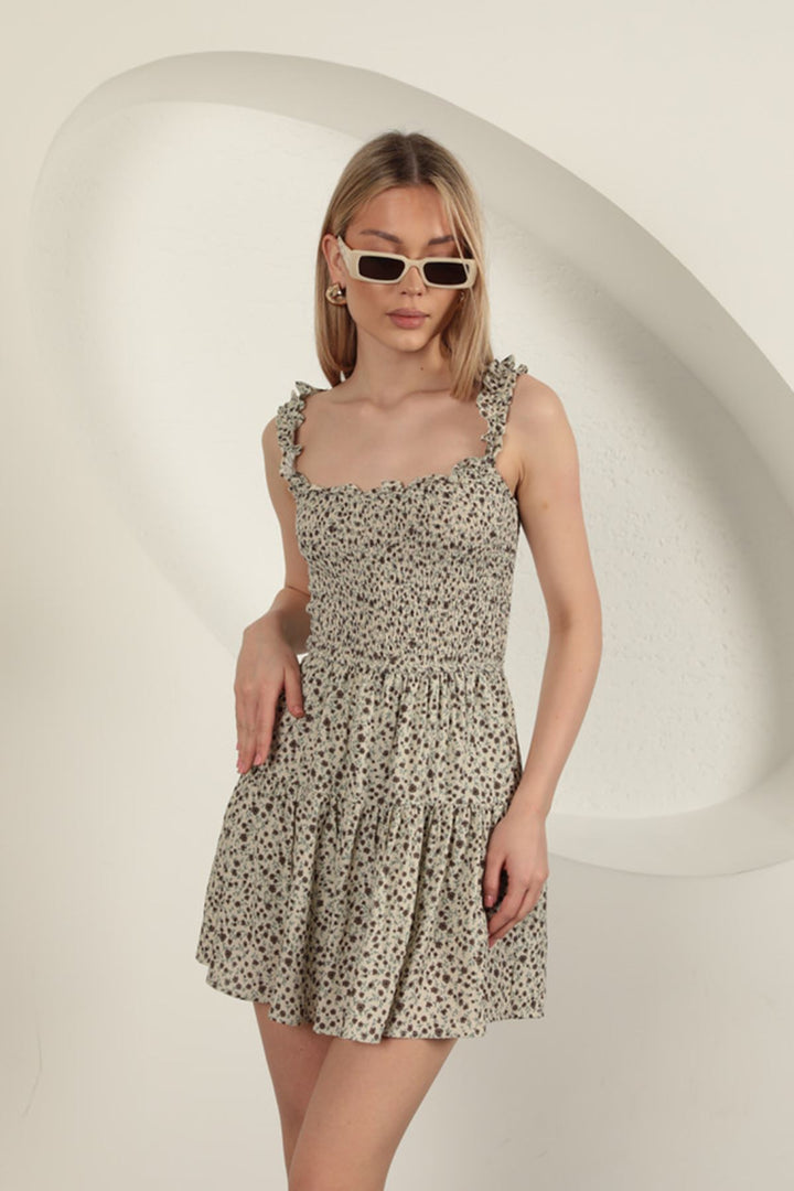 KKT Viscose Crisp Floral Pattern Dress-Beige - Sierra Vista