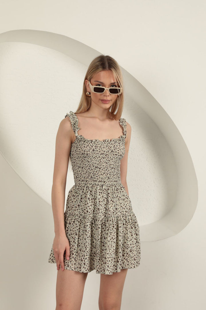 KKT Viscose Crisp Floral Pattern Dress-Beige - Sierra Vista