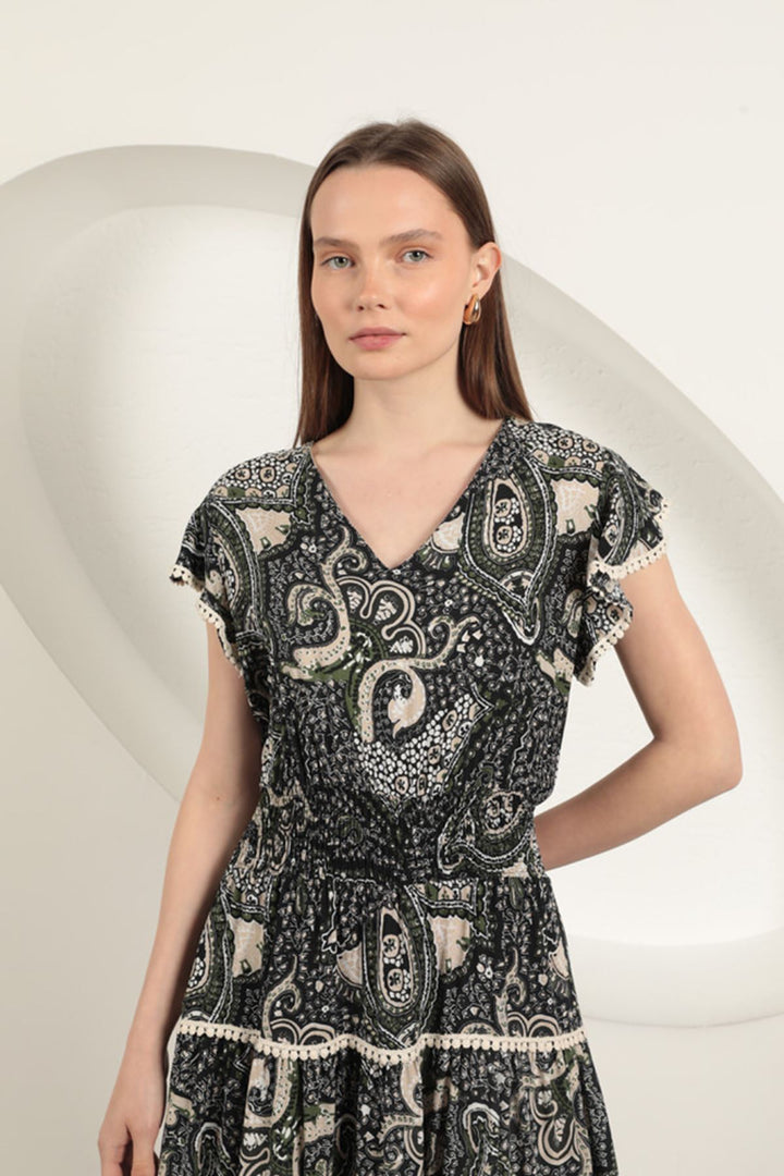 KKT Viscose Ethnic Patterned Dress-Black - Chingford