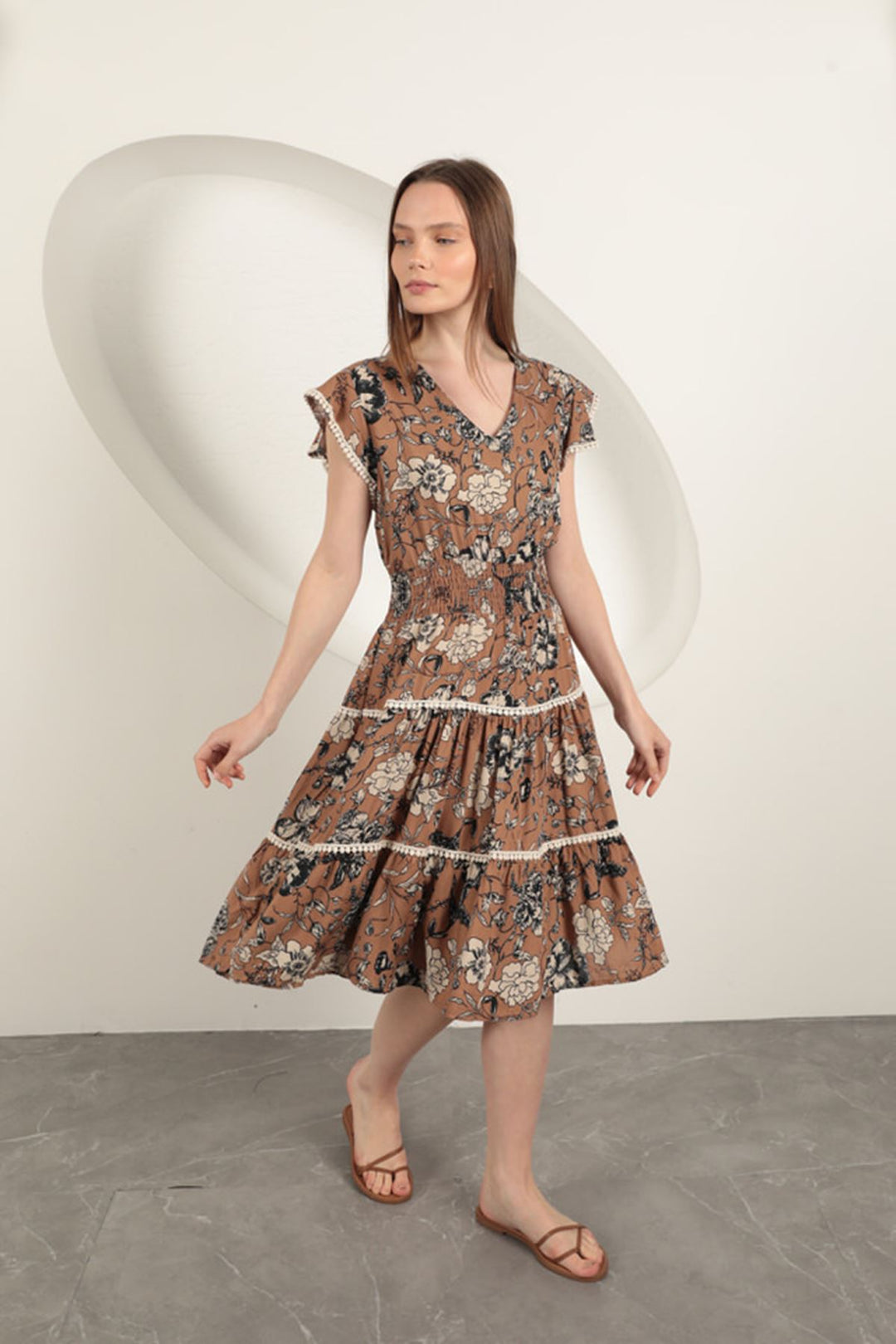 KKT Viscose Floral Patterned Dress-Coffee - Jena