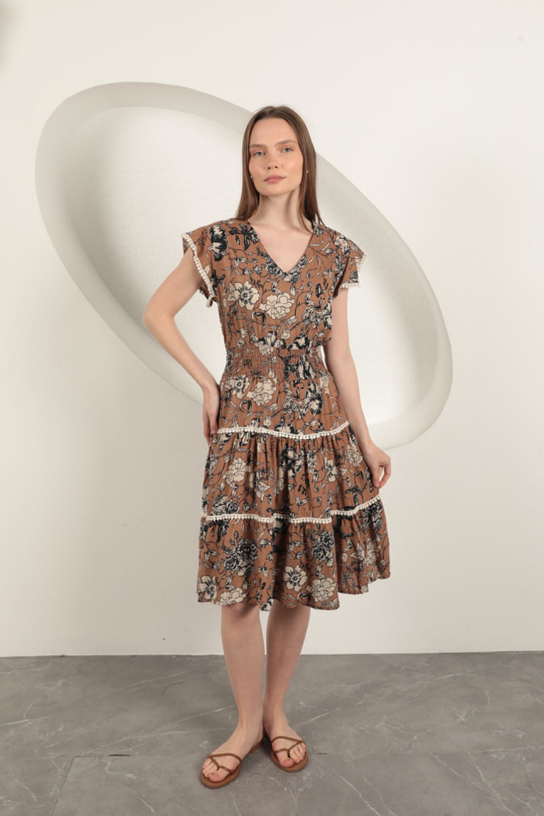 KKT Viscose Floral Patterned Dress-Coffee - Jena
