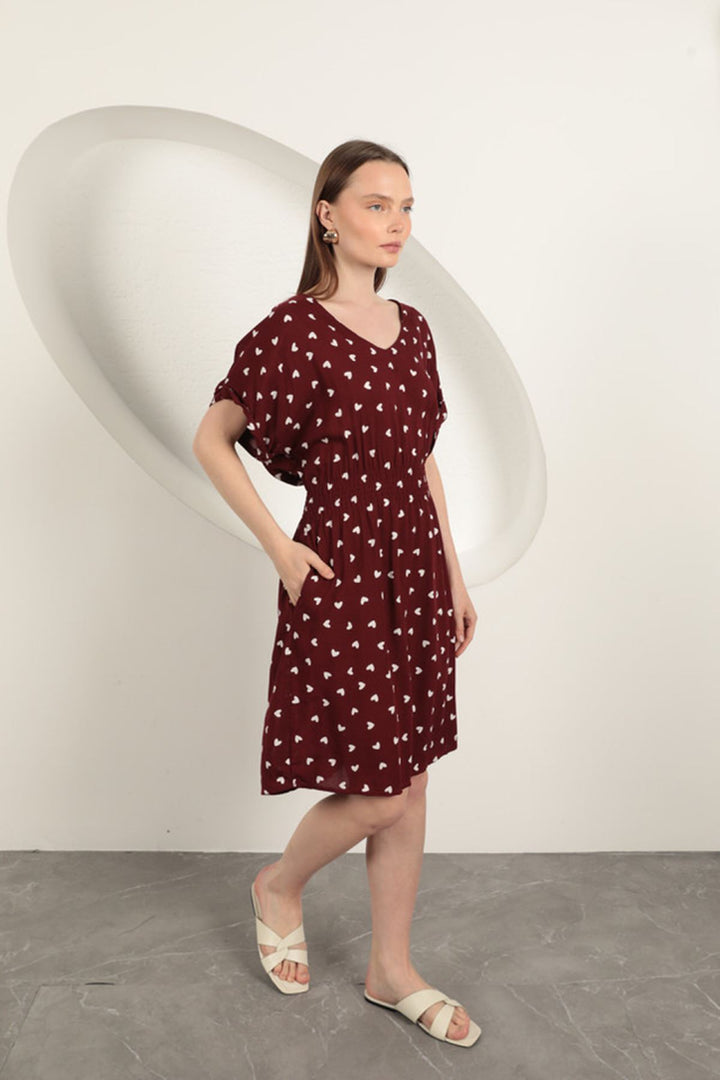 KKT Viscose Fabric Heart Patterned Dress-Burgundy - Ocoyoacac