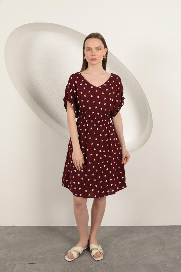 KKT Viscose Fabric Heart Patterned Dress-Burgundy - Ocoyoacac