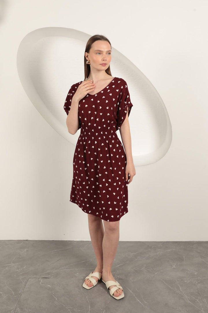 KKT Viscose Fabric Heart Patterned Dress-Burgundy - Ocoyoacac