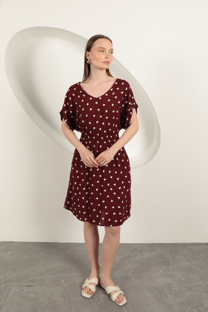KKT Viscose Fabric Heart Patterned Dress-Burgundy - Ocoyoacac