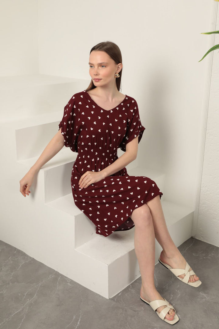KKT Viscose Fabric Heart Patterned Dress-Burgundy - Ocoyoacac