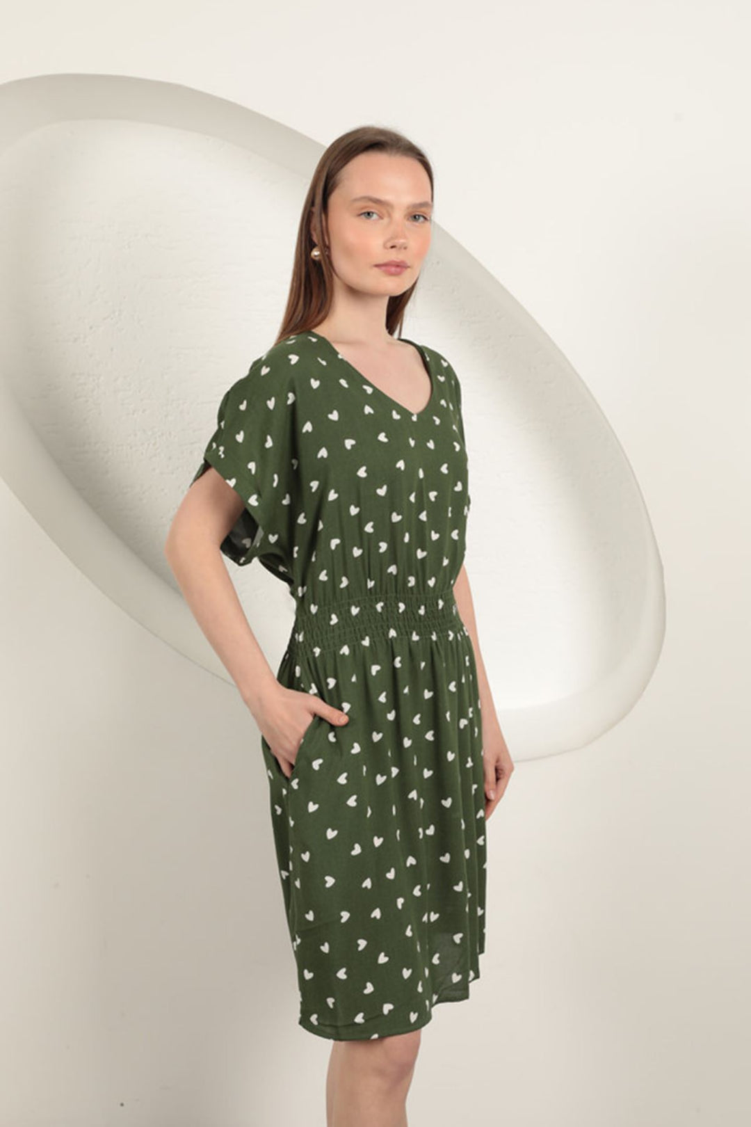 KKT Viscose Fabric Heart Patterned Dress-Khaki - Dublin