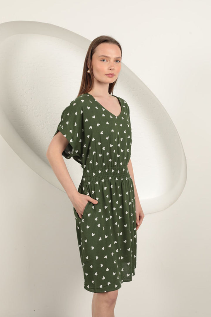 KKT Viscose Fabric Heart Patterned Dress-Khaki - Dublin