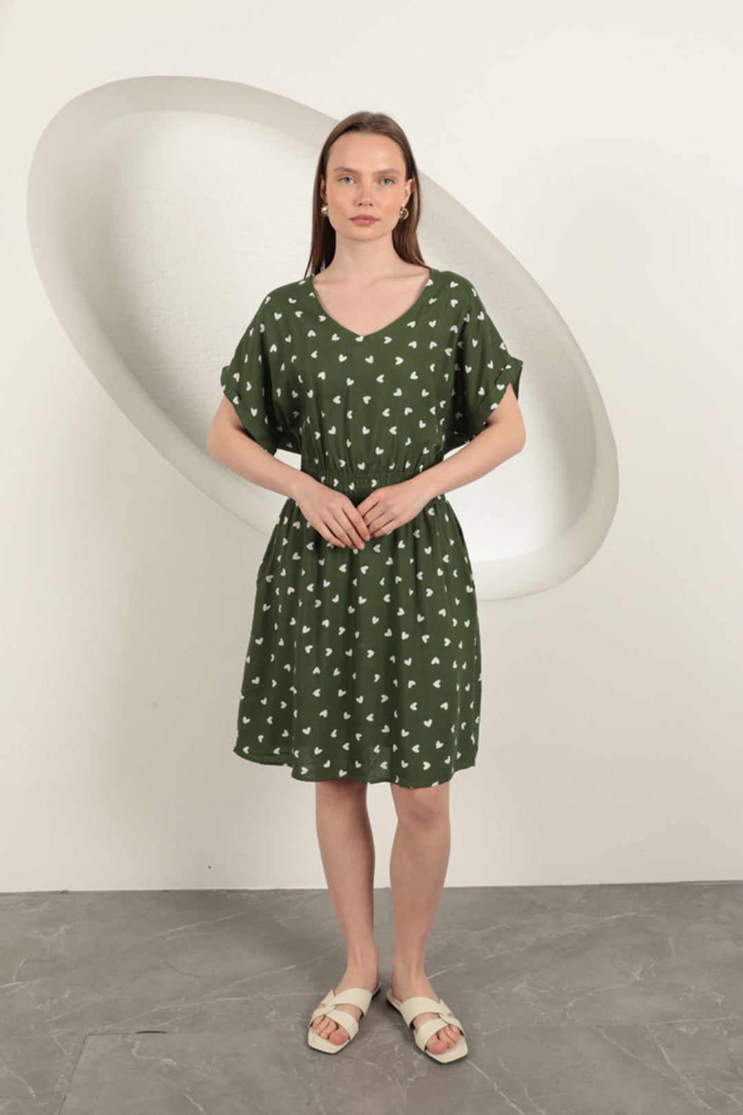KKT Viscose Fabric Heart Patterned Dress-Khaki - Dublin