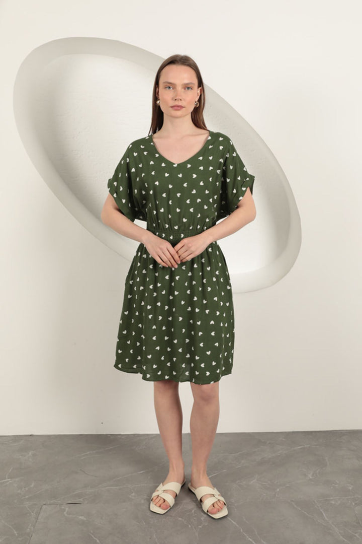KKT Viscose Fabric Heart Patterned Dress-Khaki - Dublin
