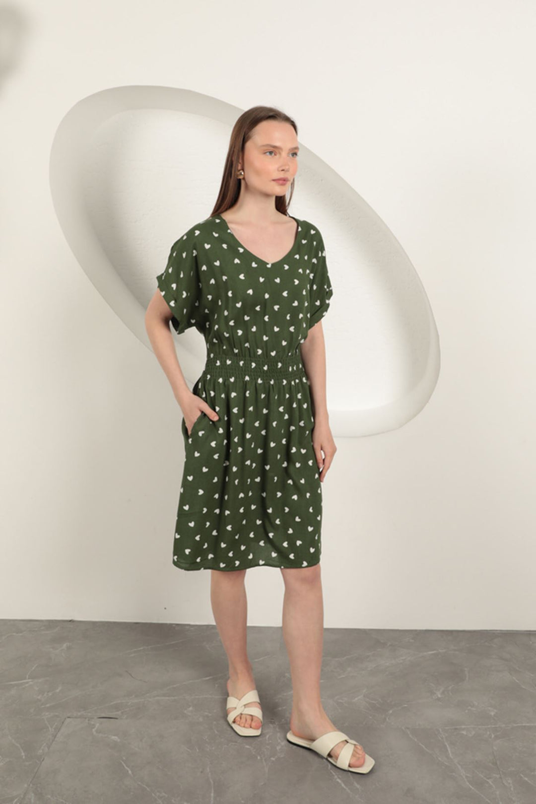 KKT Viscose Fabric Heart Patterned Dress-Khaki - Dublin