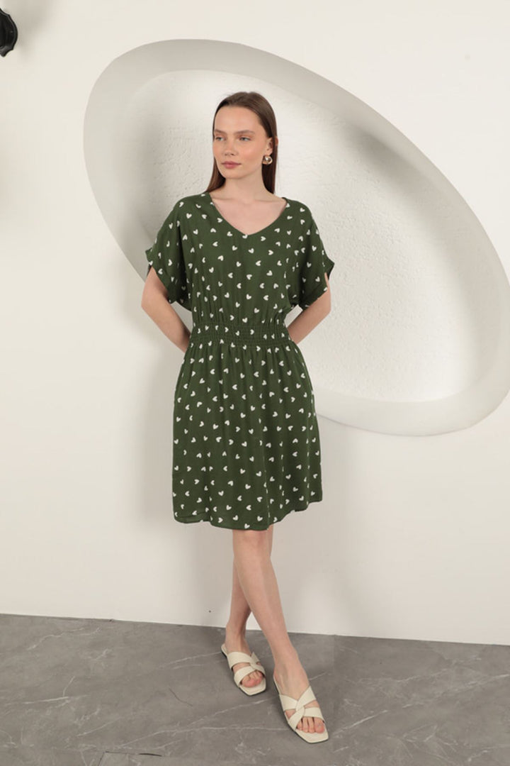 KKT Viscose Fabric Heart Patterned Dress-Khaki - Dublin