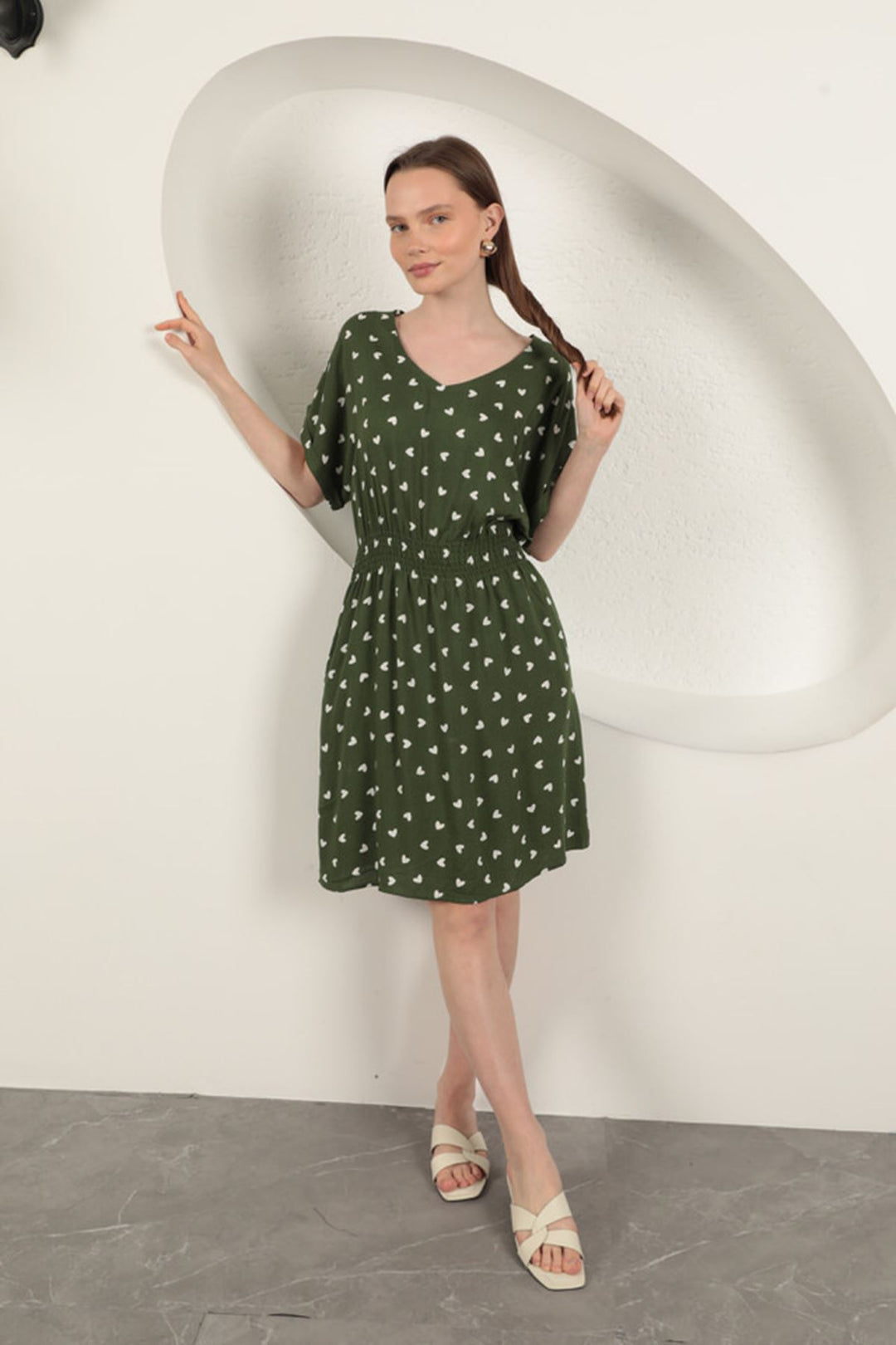 KKT Viscose Fabric Heart Patterned Dress-Khaki - Dublin