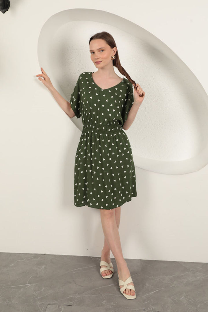 KKT Viscose Fabric Heart Patterned Dress-Khaki - Dublin