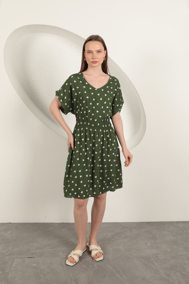 KKT Viscose Fabric Heart Patterned Dress-Khaki - Dublin