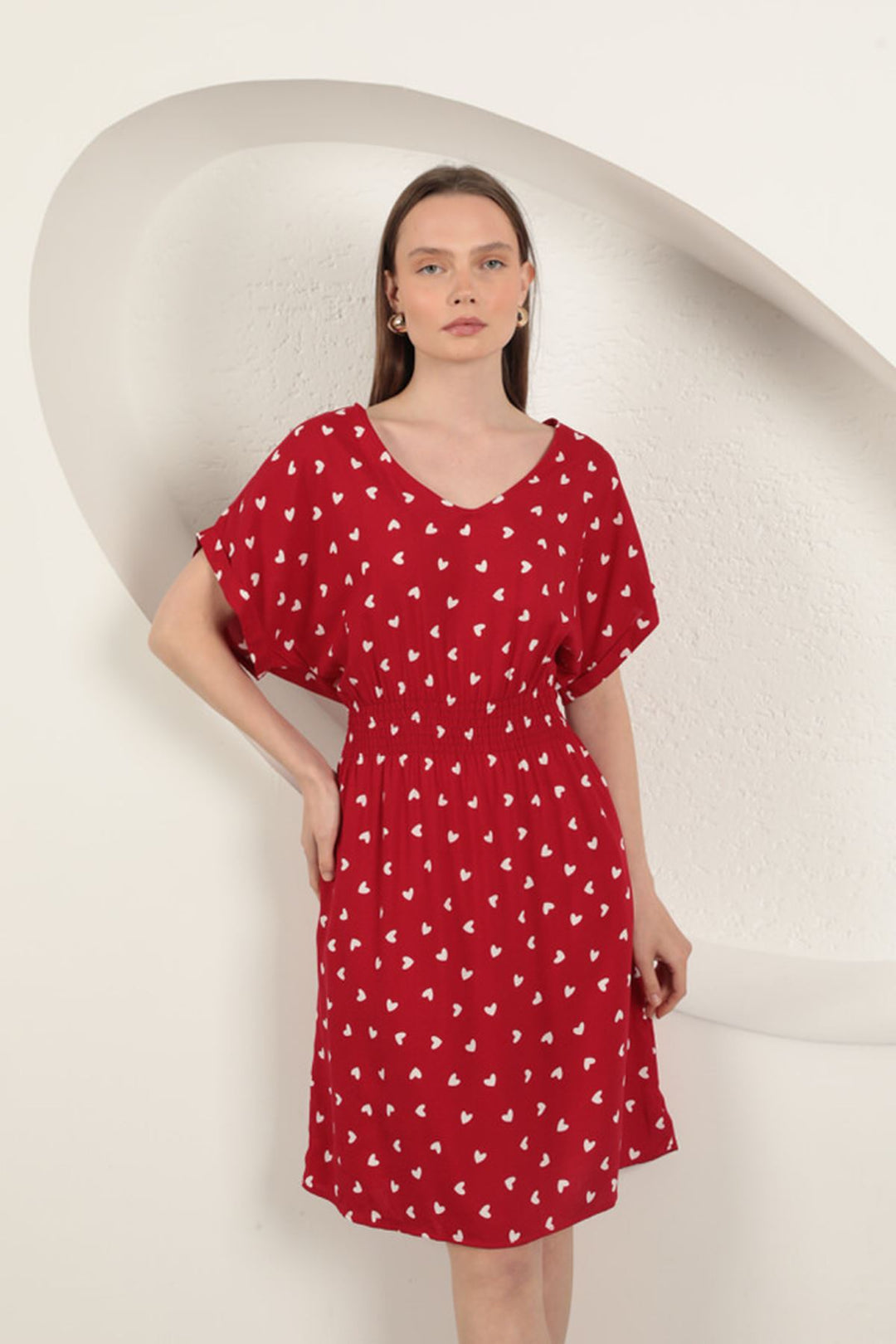KKT Viscose Fabric Heart Patterned Dress-Red - Berriozábal
