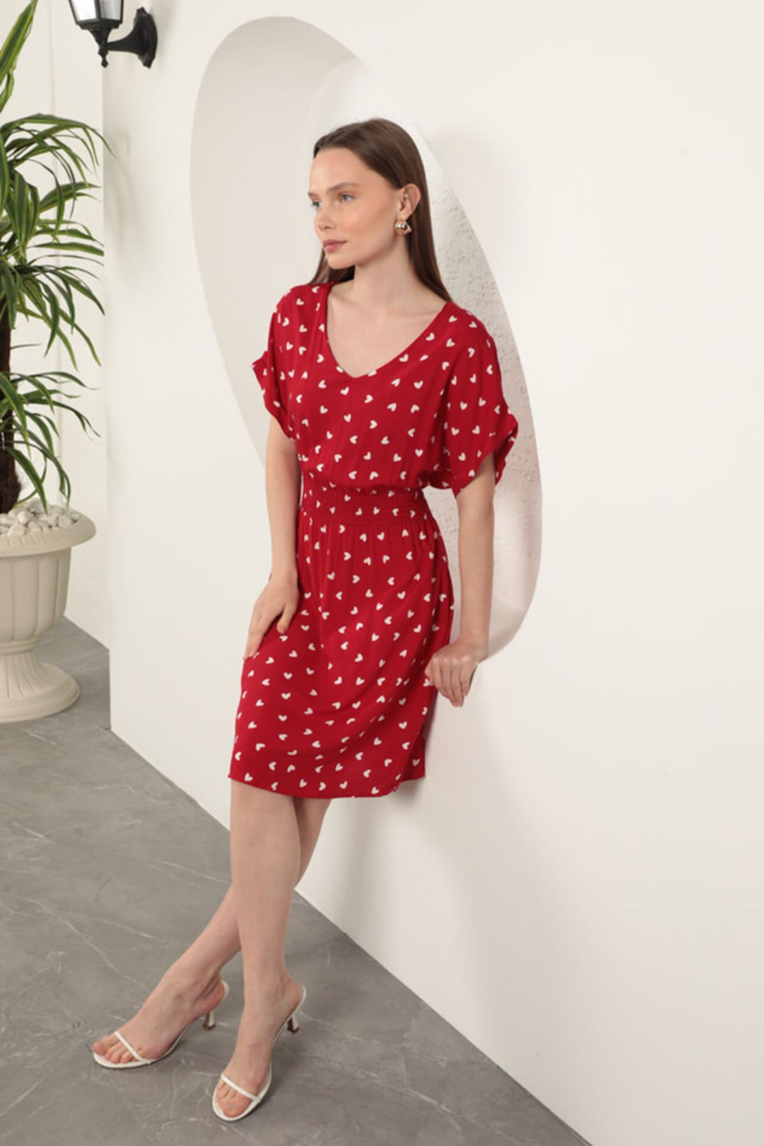 KKT Viscose Fabric Heart Patterned Dress-Red - Berriozábal