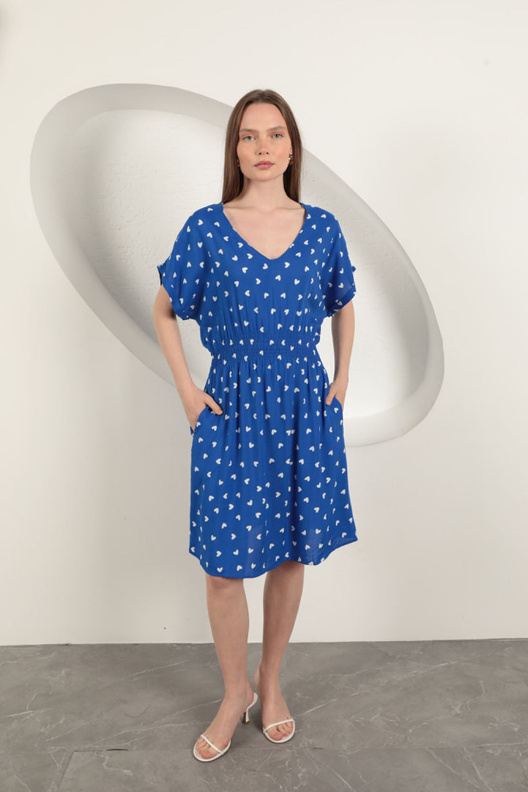 KKT Viscose Fabric Heart Patterned Dress-Sax - Franklin