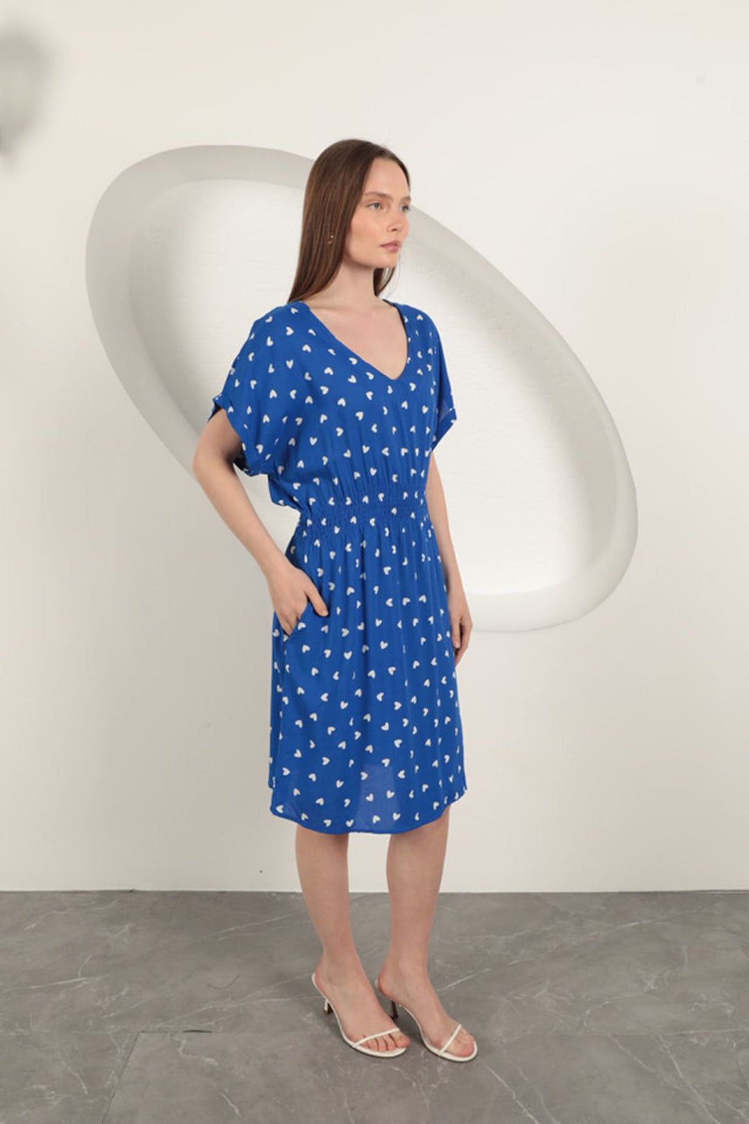 KKT Viscose Fabric Heart Patterned Dress-Sax - Franklin