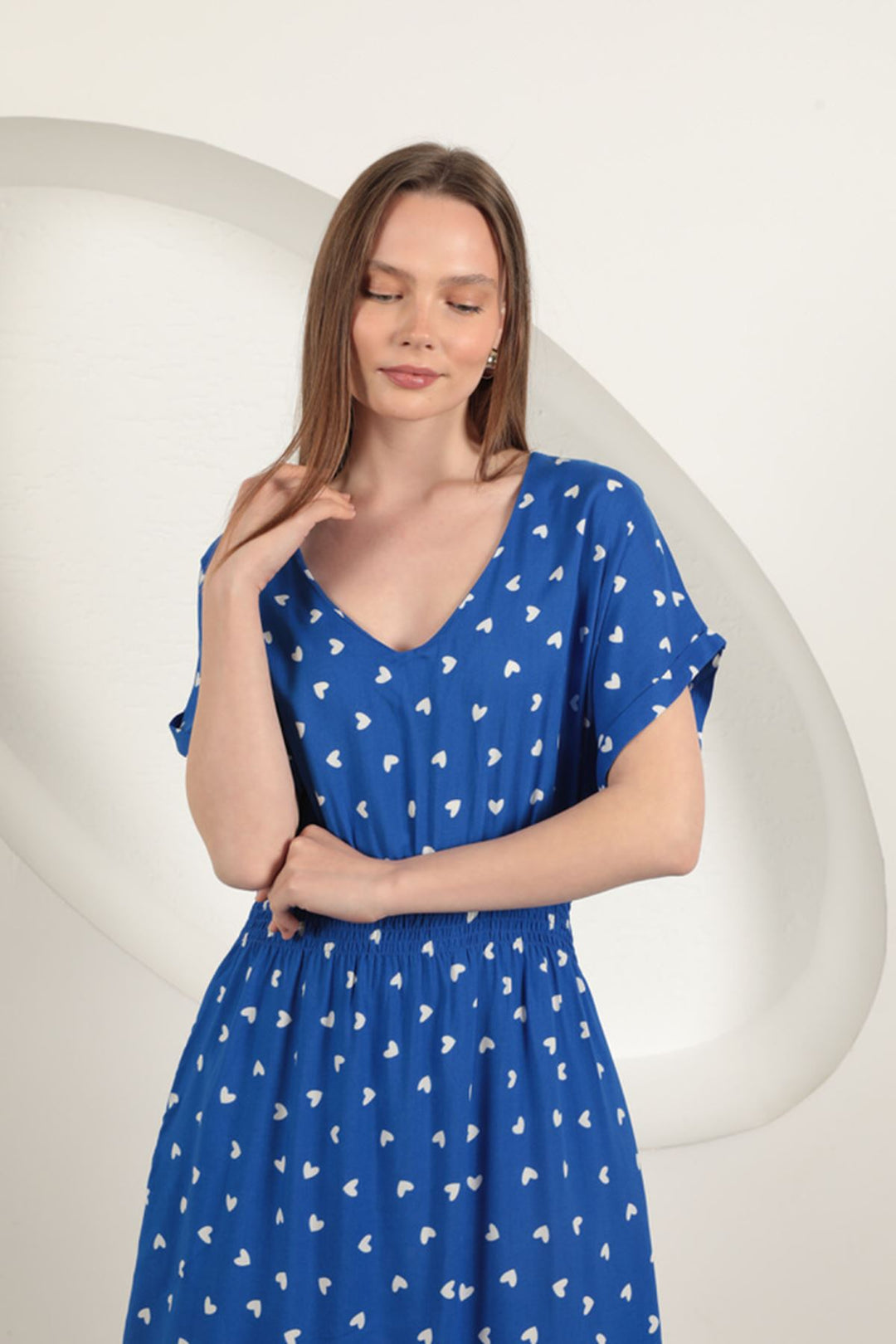 KKT Viscose Fabric Heart Patterned Dress-Sax - Franklin