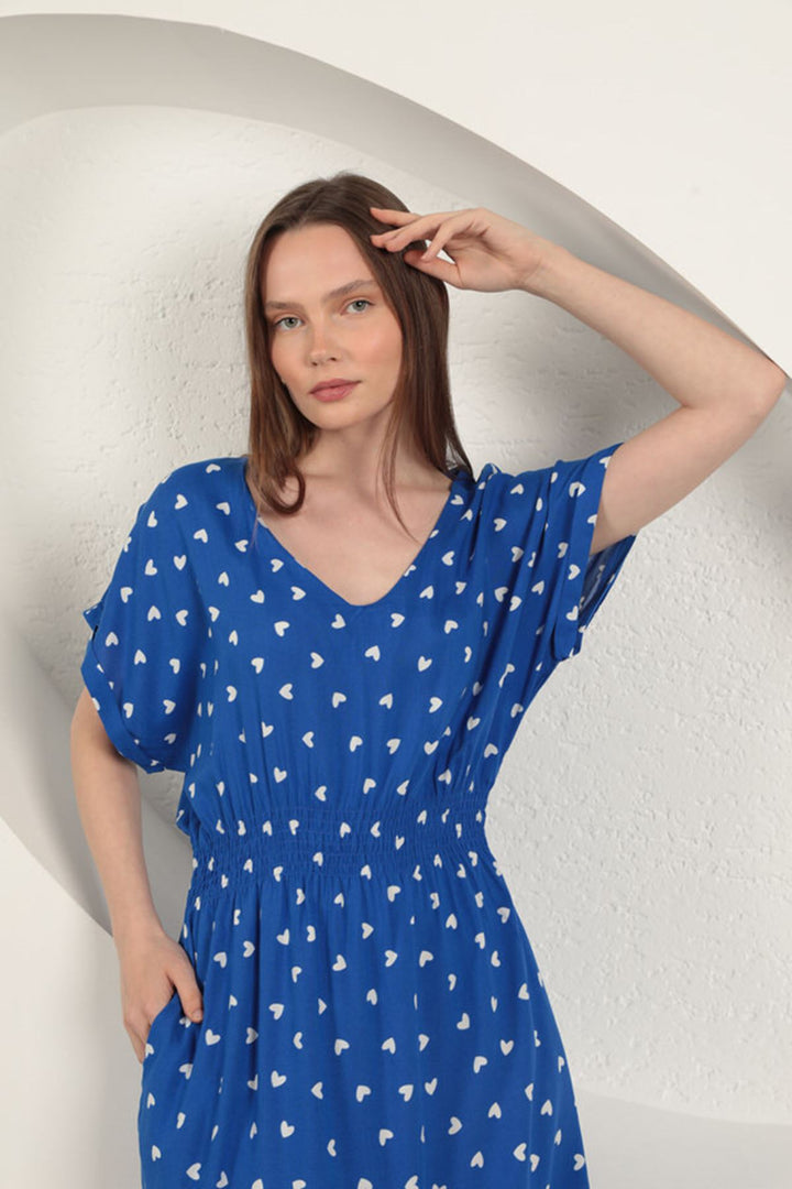 KKT Viscose Fabric Heart Patterned Dress-Sax - Franklin