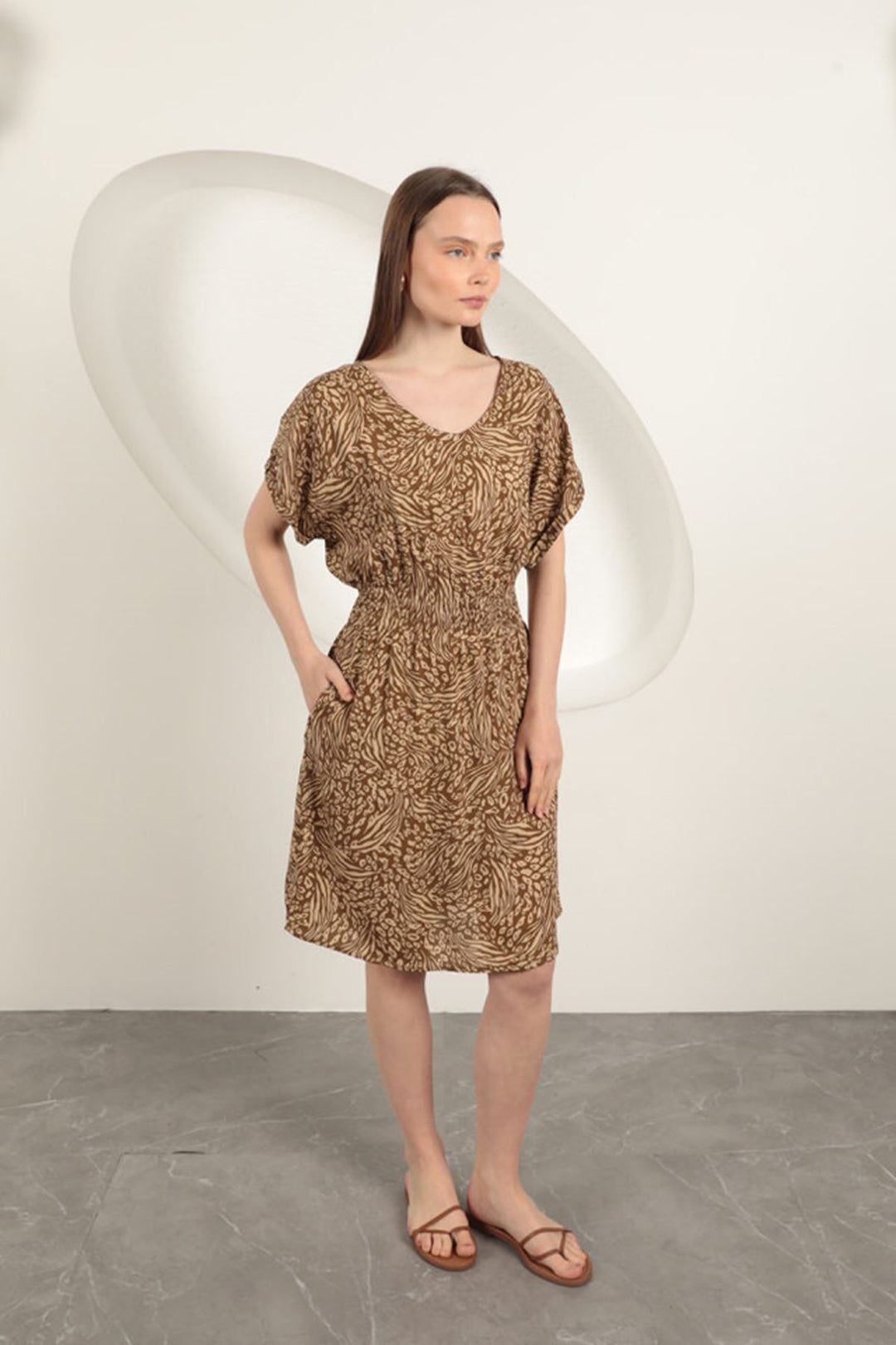 KKT Viscose Fabric Patterned Dress-Beige - Twin Falls