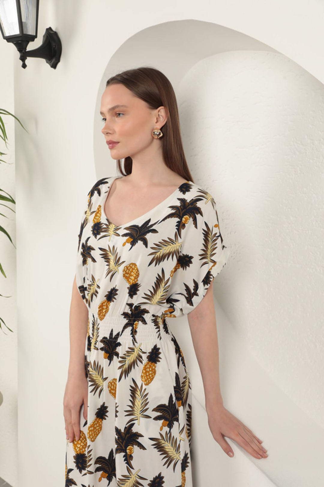 KKT Viscose Pineapple Patterned Dress-Ecru - San Juan Cancuc